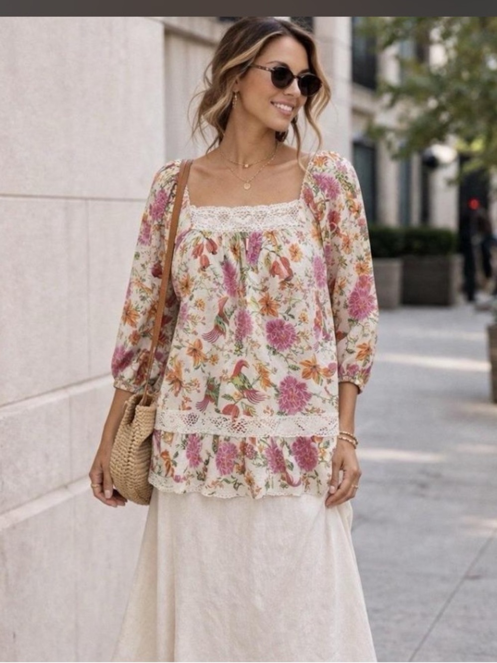 Rachel Zoe Linen Blend Birds Print Boho Prairie Top size small